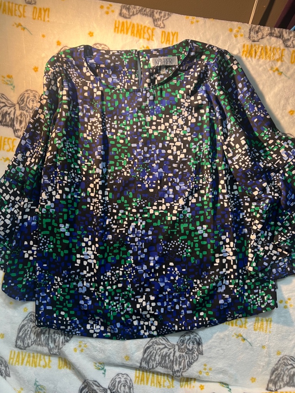 Kasper Blue, Green & White Abstract Print Blouse Ruffle